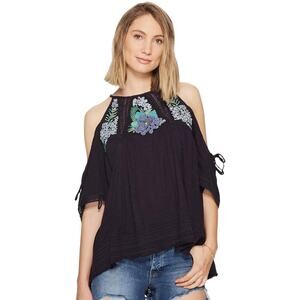 FREE PEOPLE Women’s Fast Times Blue Boho Embroidered Cold Shoulder Top